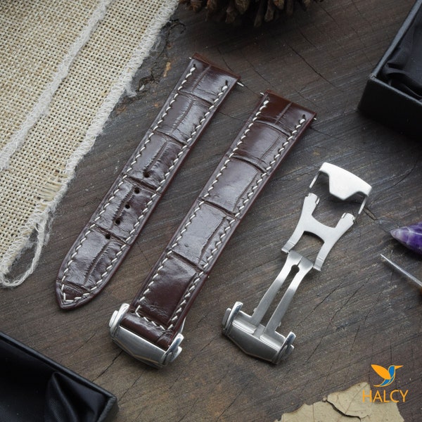Brown Alligator Leather Watch Strap, Choice of Width, With Foldover Clasp, Zermatt leather for the lining