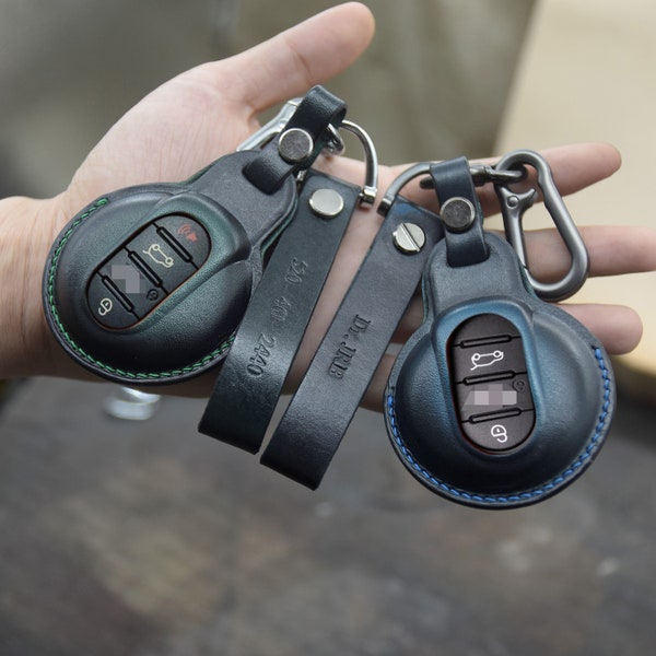 Mini Cooper Key Fob Cover Holder, Handmade Car Key Case, Custom Key Case Italian Veg-Tanned Leather, with Personalized Keychain