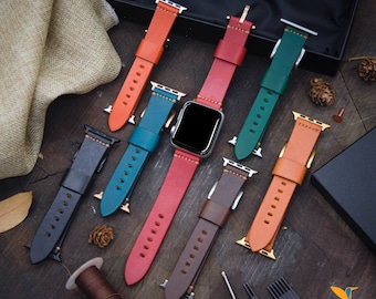 Uhrenarmband aus Leder für Apple Watch Ultra, 9, 8, 7, 6, 5, 4, Wahl der Adapter und Schnallenfarbe, italienisches Rindsleder, vegetabil gegerbt