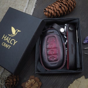 Close-up of the premium leather key fob cover, showcasing fine stitching and durable craftsmanship.