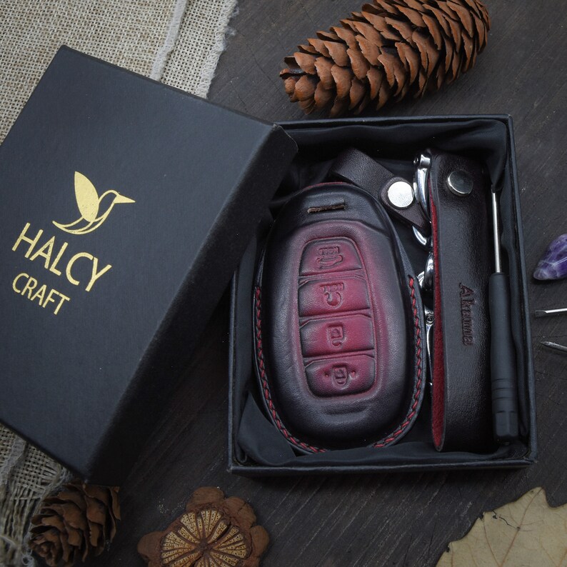 Close-up of the premium leather key fob cover, showcasing fine stitching and durable craftsmanship.