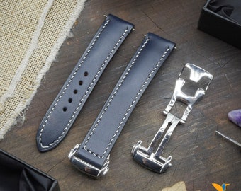 Cinturino per orologio in pelle blu, larghezza a scelta, con chiusura pieghevole, fodera in pelle Zermatt