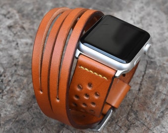 Tan Leather Double Wrap Bracelet Apple Watch band for Series Ultra,9 8 7 6 5 4 3 2 SE, Choice of adapters and Steel Buckle Color