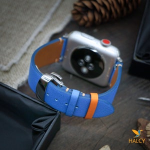 Blue Swift Calf leather Leather Watch Band for Apple watch Series Ultra,9,  8, 7, 6, 5, 4, 3 Choice of adapters, Steel Butterfly Clasp Color