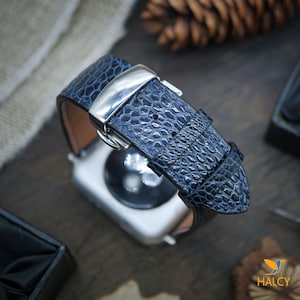 Custom Blue Ostrich Leg Leather Apple Watch Band for Series 9, 8, 7, 6, 5, 4, 3 Ultra, SE Choice of adapters and Steel Butterfly Clasp color
