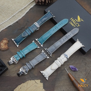 Alligator Leather Apple Watch band for Series 9, 8, 7, 6, 5, 4, Ultra, SE, with Steel Butterfly Clasp Silver, Space Gray, Rose Gold or Gold