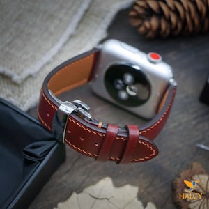 Leather Apple Watch Band Series Ultra, 9, 8, 7, 6, 5, 4, 3: Choice of adapters and Steel Butterfly Clasp color, Vache Hunter Cowhide leather