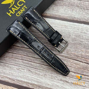 Black Alligator Leather Watch strap, Quick release pins, Choice of Width, Choice color Buckle, Zermatt leather for the lining