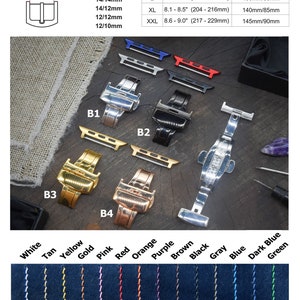 May include: A chart showing different strap sizes for watches, with measurements in millimeters.  The chart also shows different colors of watch straps with stitching details.  The strap colors are white, tan, yellow, gold, pink, red, orange, purple, brown, black, gray, blue, dark blue, and green.