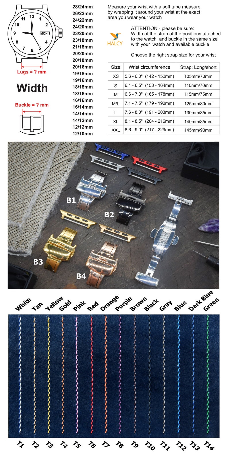May include: A chart showing different strap sizes for watches, with measurements in millimeters.  The chart also shows different colors of watch straps with stitching details.  The strap colors are white, tan, yellow, gold, pink, red, orange, purple, brown, black, gray, blue, dark blue, and green.
