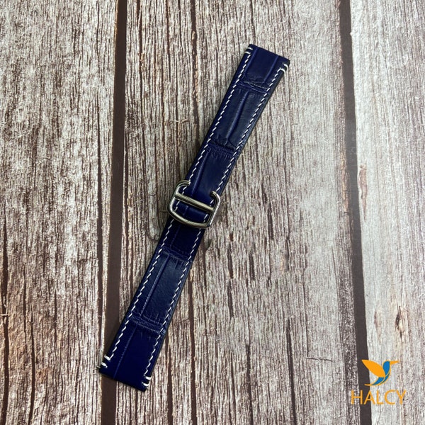 Blue Alligator Leather Watch strap, Used With Deployment Clasp, With quick-release spring bars, Choice of Width, Choice color Buckle