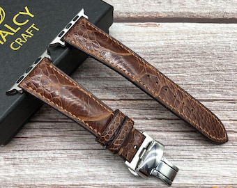 Custom Brown Ostrich Leg Skin Apple Watch Band Series Ultra, SE, 9, 8, 7, 6, 5, 4, 3.  Choice of adapters and Steel Butterfly Clasp color