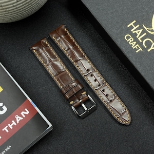 Brown Alligator Leather Watch strap, quick release pins, Choice of Width, Choice color Buckle, Zermatt leather for the lining