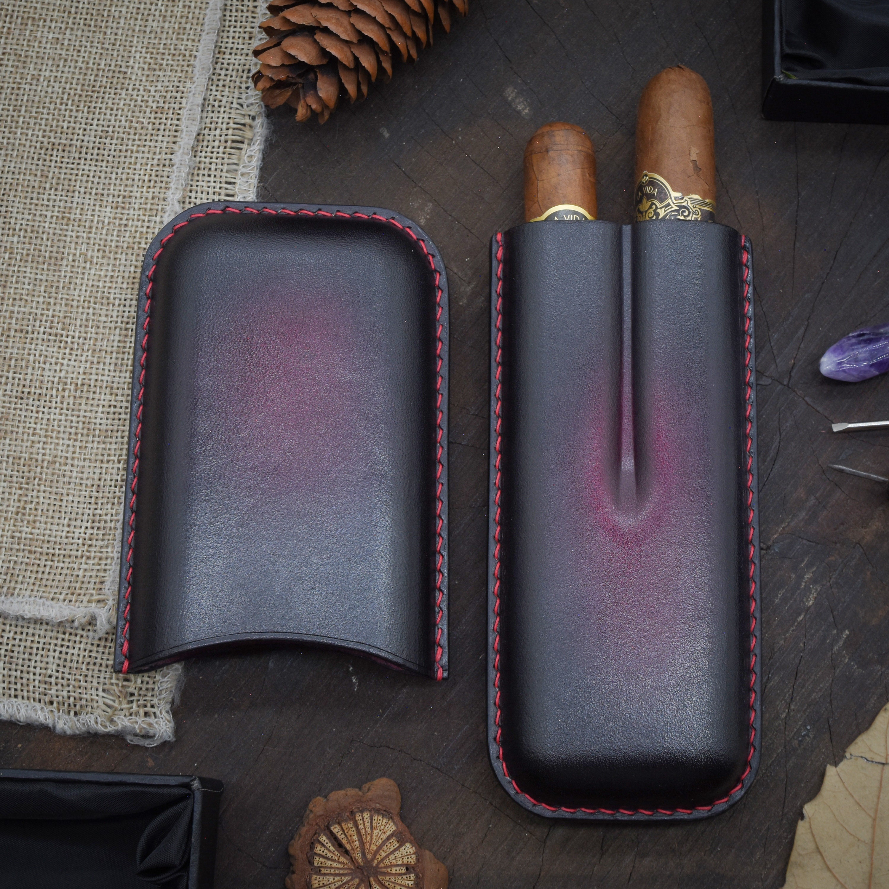 Luxury cigar case, custom cigar cover, personalized leather cigar case,  Triple cigar case, Full Grain Italian Vegetable Tanned Cowhide