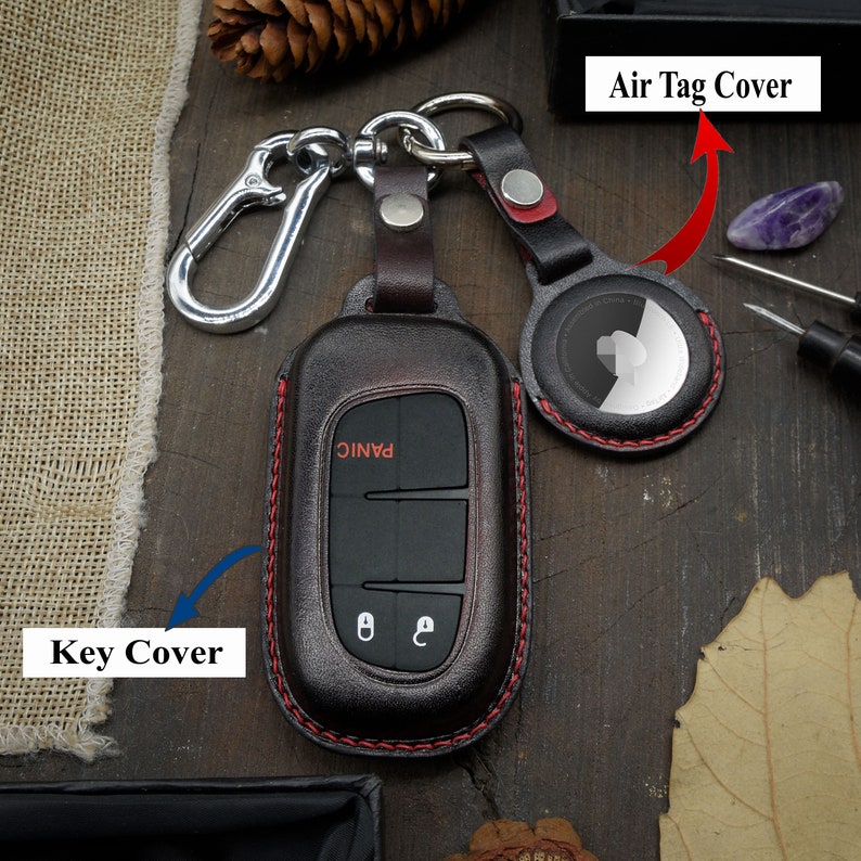 Custom Leather Key Fob case Cover Fit for Cherokee with Air Tag Holder image 6