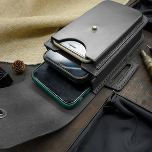 Leather Triple Phone Case, Case Holds Three Phones, Slanted 3 Phone Holster, Three phone case with belt loops