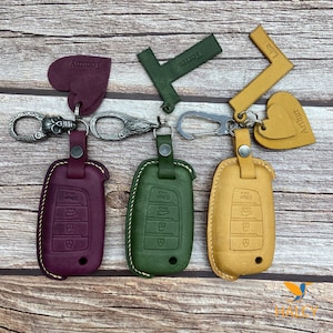 Leather Key Fob Cover fit for Sonata (2019 2021), Veloster, Accent, Elantra, Kona, Tucson, Santa Fe, Initials embossing