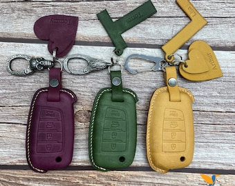 Leather Key Fob Cover fit for Sonata (2019 2021), Veloster, Accent, Elantra, Kona, Tucson, Santa Fe, Initials embossing