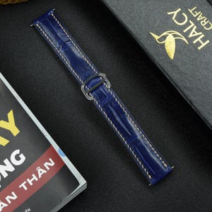 Blue Alligator Leather Watch strap, Used With Deployment Clasp, With quick-release spring bars, Choice of Width, Choice color Buckle