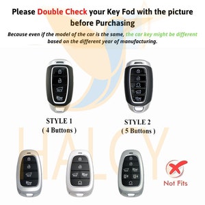 May include: Two different styles of car key fobs. The first fob has four buttons and the second fob has five buttons. The image shows the different key fobs and a red X with the text "Not Fits" to indicate that the key fobs are not compatible.