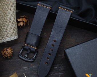 Black Leather Watch strap, Choice of Width, Choice color Buckle with quick-release spring bars, Italian Vegetable tanned Cowhide Leather