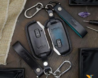 Leather Smart Key Fob Cover for 2019 - 2021 Soul, Seltos, Telluride, Forte Four-Button smart key fob, Initials embossing