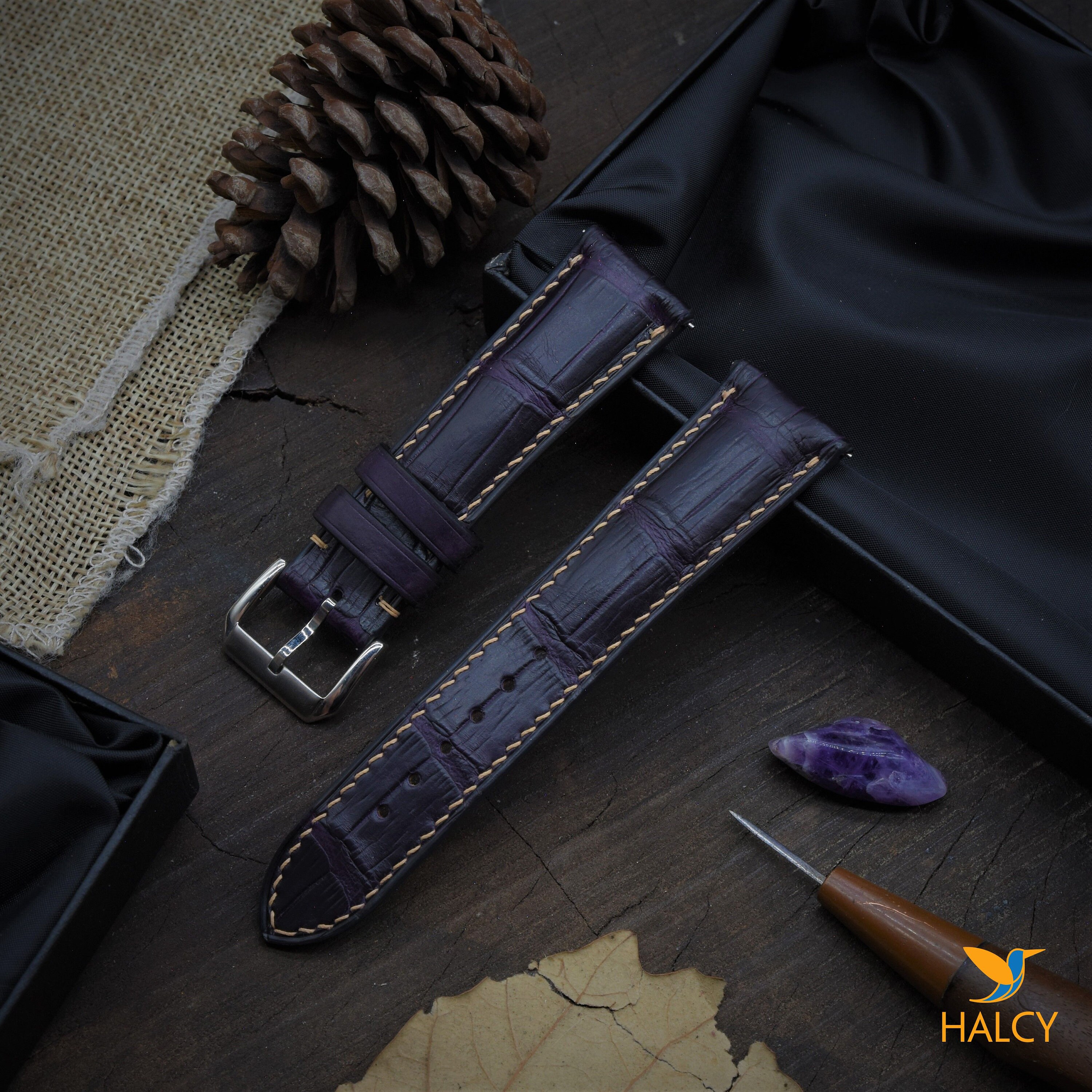 Purple Alligator Leather Watch strap, Choice of Width, Choice color Buckle, Zermatt leather for the lining