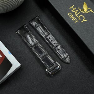 Black Alligator Leather Watch Strap, Choice of Width, With Foldover Clasp, Zermatt leather for the lining