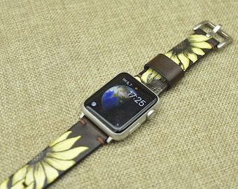 Hand Painted Leather Apple Watch Band: Custom Sunflower Design