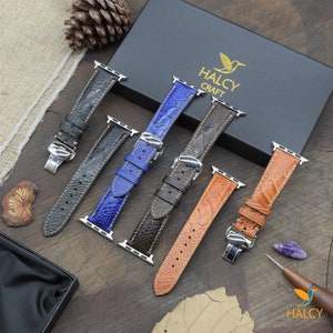 Custom Brown Ostrich Leg Leather Watch Band fit for Apple Series Ultra, SE, 9, 8, 7, 6, 5, 4 Choice of adapters, Steel Butterfly Clasp color