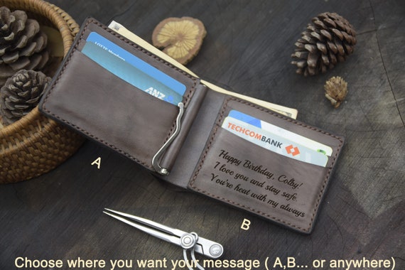 Portafoglio Minimalista Con Fermasoldi Per Uomo Realizzato A Mano In Vera Pelle Marrone Con Due Tasche Per Carte Di Credito. Idea Regalo Per Lui