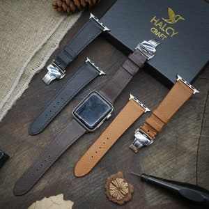 Custom Calf Leather Watch Band Fit for Apple watch Series Ultra 9, 8, 7, 6, 5, 4, 3. Choice of adapters and Steel Butterfly Clasp Color