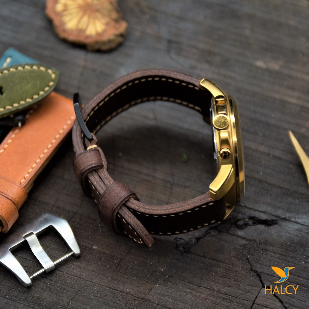 Custom Handmade Brown Leather Watch Strap, Thick Fullgrain Doublefold