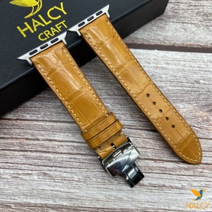 Alligator Leather Apple Watch band for Series 9, 8, 7, 6, 5, 4, Ultra, SE, with Steel Butterfly Clasp Silver, Space Gray, Rose Gold or Gold
