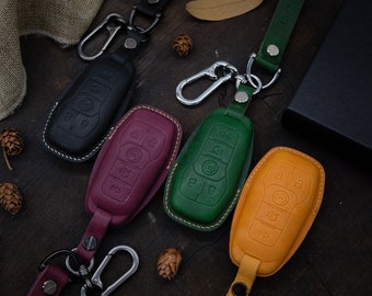 Leather Key Fob Cover Case for F-150 Fusion, Explorer, Edge MKZ MKC 5 Buttons Smart Key, Personalized name tag