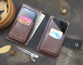 Leather Dual Phone Case, Leather Double phone Case, Case Holds Two Phones, Slanted 2 Phone Holster, Leather Two phone case with wallet