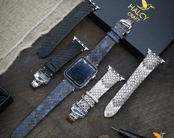 Python Skin Apple Watch Band: Handmade Leather Strap with Steel Clasp