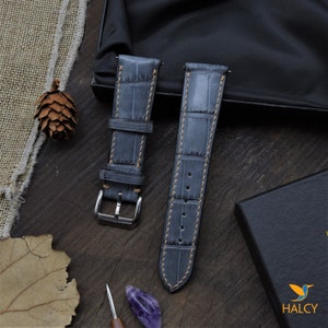 Gray Alligator Leather Watch strap, Choice of Width, Choice color Buckle, Zermatt leather for the lining