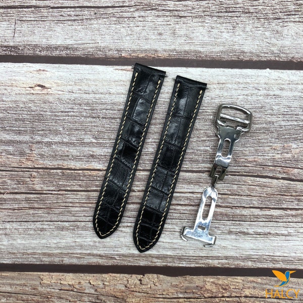 Alligator Leather Watch strap, Used With Deployment Clasp, With quick-release spring bars, Choice of Width, Choice color Buckle