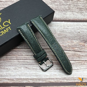 Green Ostrich Leg Leather Watch strap, Choice of Width, Choice color Buckle, Zermatt leather for the lining