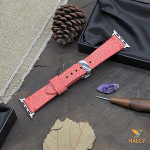 Stingray Leather Apple Watch band for Series 9, 8, 7, 6, 5, 4,Ultra, SE, with Steel Butterfly Clasp Silver, Space Gray, Rose Gold or Gold