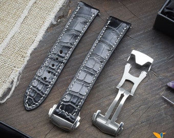 Black Alligator Leather Watch Strap, Choice of Width, With Foldover Clasp, Zermatt leather for the lining