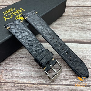 Black Alligator Leather Watch strap, Choice of Width, Choice color Buckle, Zermatt leather for the lining