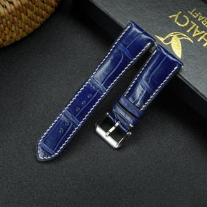 Navy Blue Alligator Leather Watch strap, Quick Release Pins, Choice of Width, Choice color Buckle, Zermatt leather for the lining