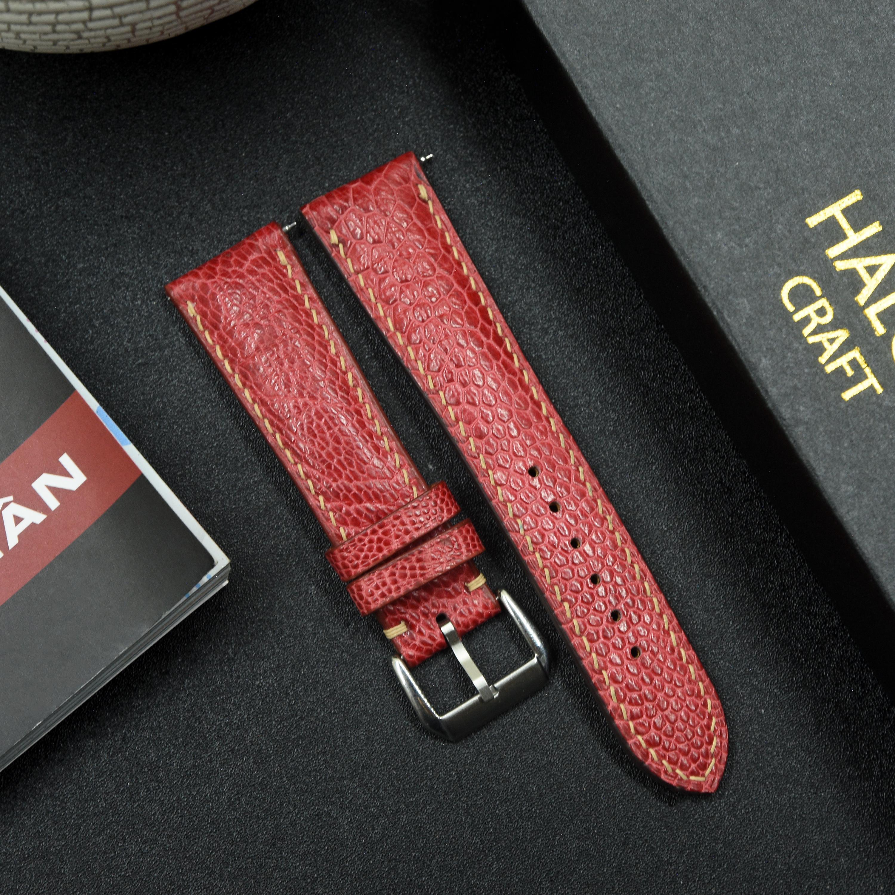 Red Ostrich Leg Leather Watch Strap, Choice of Width, Choice Color