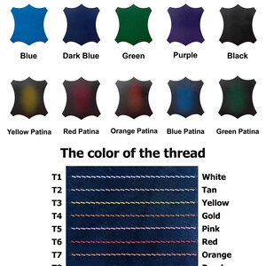 May include: A chart showing different leather colors and thread colors. The leather colors include orange, red, light brown, dark brown, blue, dark blue, green, purple, black, yellow patina, red patina, orange patina, blue patina, and green patina. The thread colors include white, tan, yellow, gold, pink, red, orange, purple, brown, black, gray, blue, dark blue, and green.