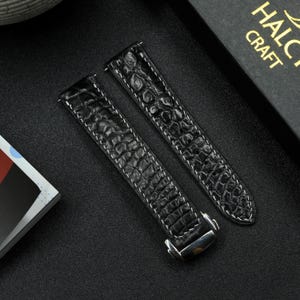 Black Alligator Leather Watch Strap,  Choice of Width, With Foldover Clasp, Zermatt leather for the lining