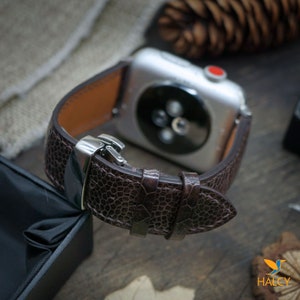 Kundenspezifisches braunes Straußen-Bein-Leder-Armband passende für Apple Ultra, SE, 9, 8, 7, 6, 5, 4, Wahl der Adapter und Stahlfarbe Butterfly-Verschluss