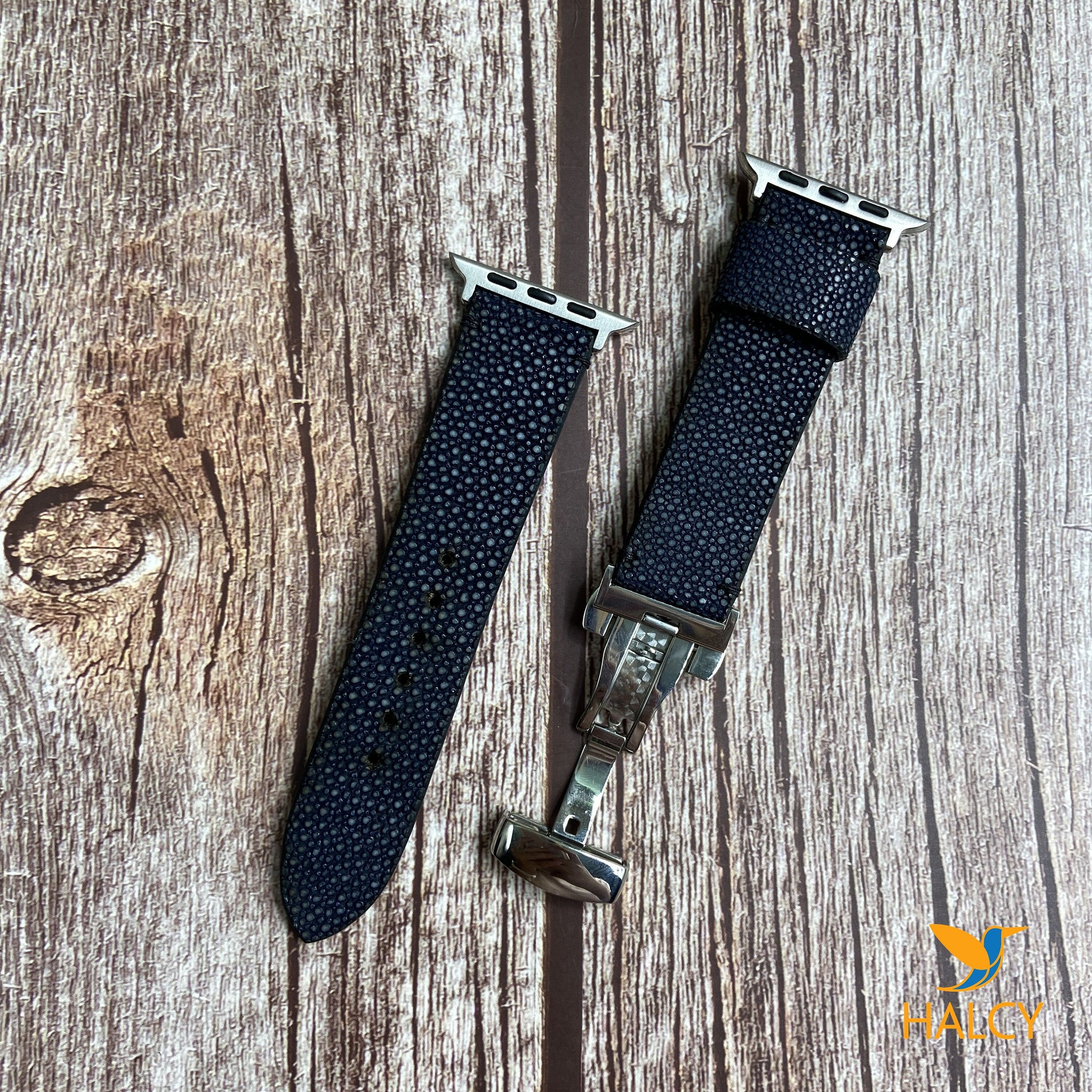 Dark Blue Stingray Leather Apple Watch band for Series 9, 8, 7, 6, 5, 4, 3, Ultra, SE, with Steel Butterfly Clasp
