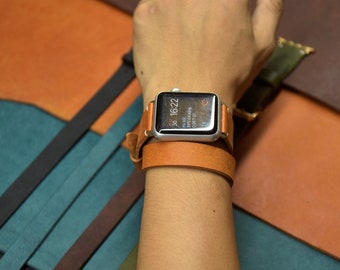Leather Double Wrap Watch Band Fit for Apple watch Ultra, SE, 44mm, 42mm, 41mm, 40mm, 38mm, Badalassi Carlo Pueblo Olmo Leather 2.5 mm Thick